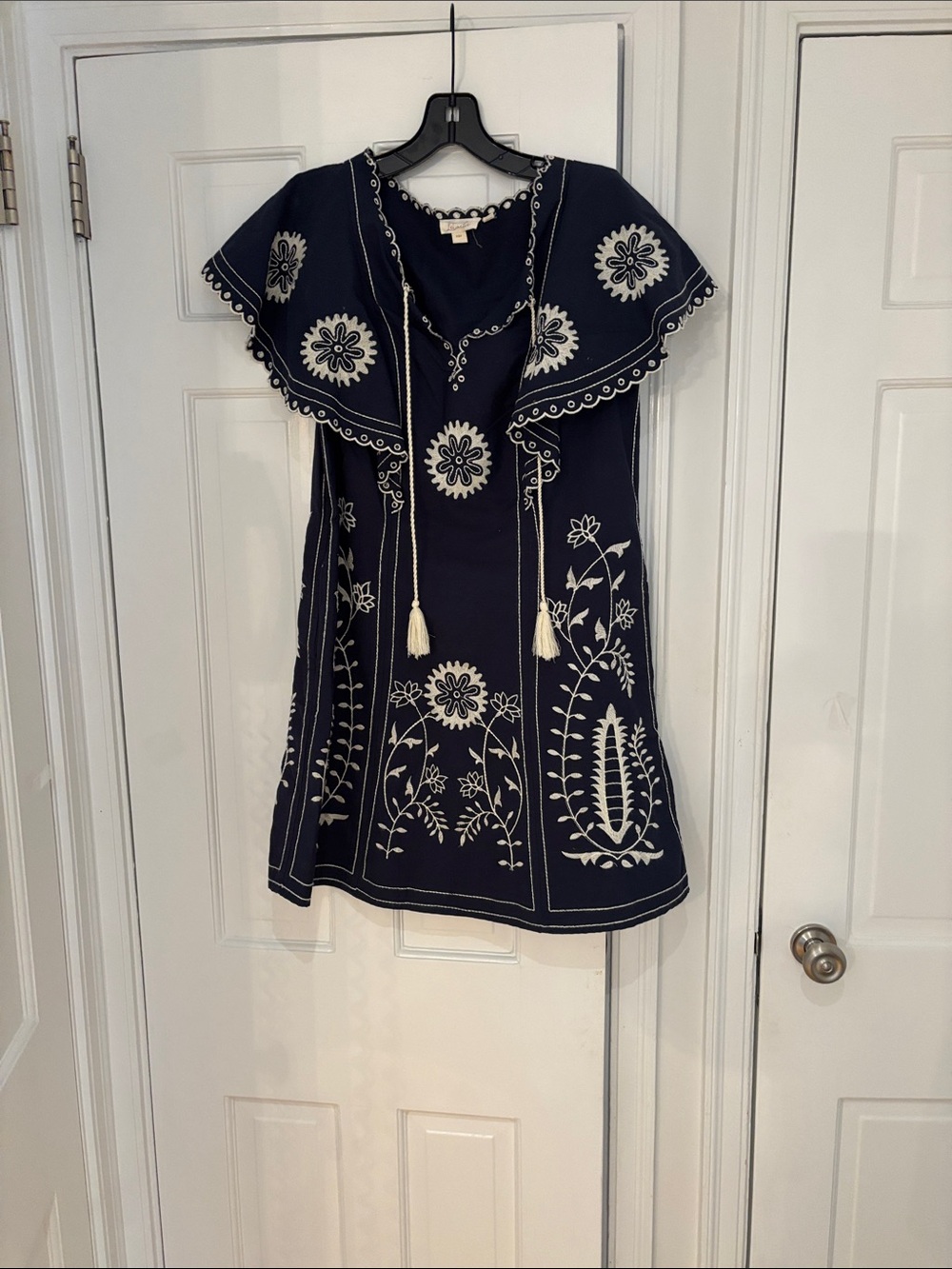 Anthropologie Navy Mini Dress with Cream Embroidery and Tassels